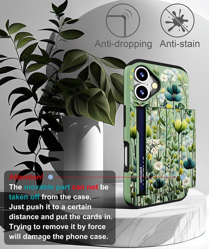 Size iPhone 16 Color Green Compatible for iPhone 16 Plus Case Cute with Card Holder Shockproof Slim Slot Phone Wallet Cover for Women/Green Leaves Botanical Flower Plants Tropical